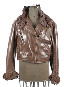 MOSCHINO CROPPED LEATHER JACKET Shoulder length 17". Arm length 23.5".