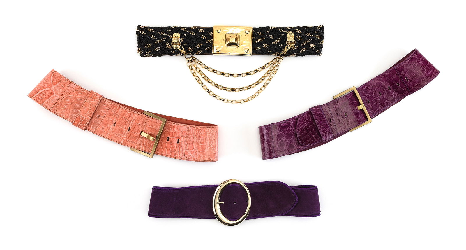 FOUR CONTEMPORARY FASHION BELTS Lengths from 33.75" to 37". (1 of 2)