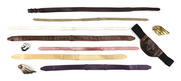 COLLECTION OF EIGHT GENUINE LEATHER BELTS AND THREE BRASS BUCKLES 20th/21st Century Belt lengths