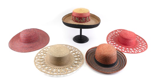 FIVE STRAW SUMMER HATS 20th/21st Century Rim diameters from 14" to 16".