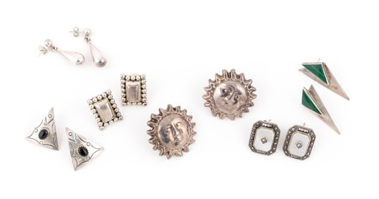 SIX PAIRS OF ASSORTED STERLING SILVER EARRINGS 20th Century Lengths from 1" to 1.5".