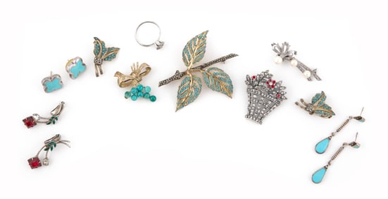 THIRTEEN PIECES OF ASSORTED STERLING SILVER, ENAMEL AND STONE JEWELRY Approx. 45.6 total dwt.