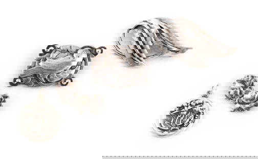 FOUR PIECES OF GEORG JENSEN STERLING SILVER JEWELRY Approx. 12.92 total dwt.: FOUR PIECES OF GEORG JENSEN STERLING SILVER JEWELRYThree pins and one round pendant in assorted sizes and designs. Stamped.Approx. 12.92 total dwt.