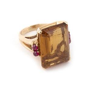 14KT YELLOW GOLD, TOPAZ AND RUBY RING Approx. 8.6 total dwt.
