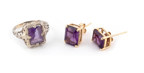 THREE PIECES OF 14KT GOLD AND AMETHYST JEWELRY Approx. 2.18 total dwt.