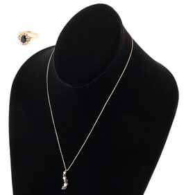 14KT YELLOW GOLD, DIAMOND AND SAPPHIRE RING AND PENDANT