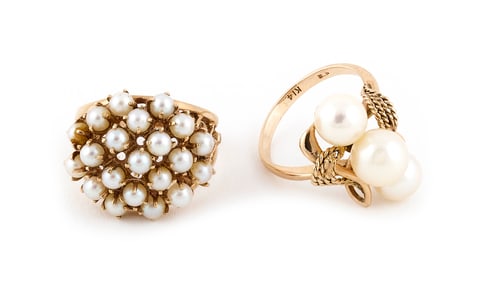 TWO 14KT YELLOW GOLD AND CULTURED PEARL RINGS Approx. 6.7 total dwt.