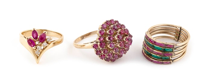 THREE 14KT YELLOW GOLD AND STONE RINGS Approx. 8.1 total dwt.