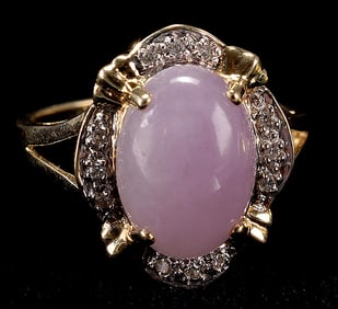 14KT YELLOW GOLD, LAVENDER JADE AND DIAMOND RING