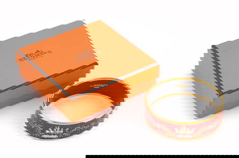 HERMES ROYAL CHERUB HORSES ENAMEL BANGLE Diameter 2.5".: HERMES ROYAL CHERUB HORSES ENAMEL BANGLE18kt yellow gold plated brass. Made in Austria. With box and pouch.Diameter 2.625". Opening measures 2.5".