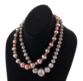 TWO NAVAJO SILVER AND CORAL BEAD CHOKER NECKLACES Early to Mid-20th Century