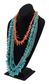 THREE NAVAJO TURQUOISE AND CORAL NECKLACES Early to Mid-20th Century