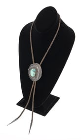 NAVAJO OLD PAWN SILVER AND TURQUOISE BOLO TIE Early 20th Century