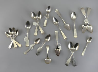 TWENTY EARLY AMERICAN COIN SILVER SPOONS 18th/19th Century Approx. 14.3 troy oz.