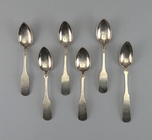 SIX W.S. NICHOLS COIN SILVER SPOONS Newport, Rhode Island, Early 19th Century Approx. 9.6 troy oz.