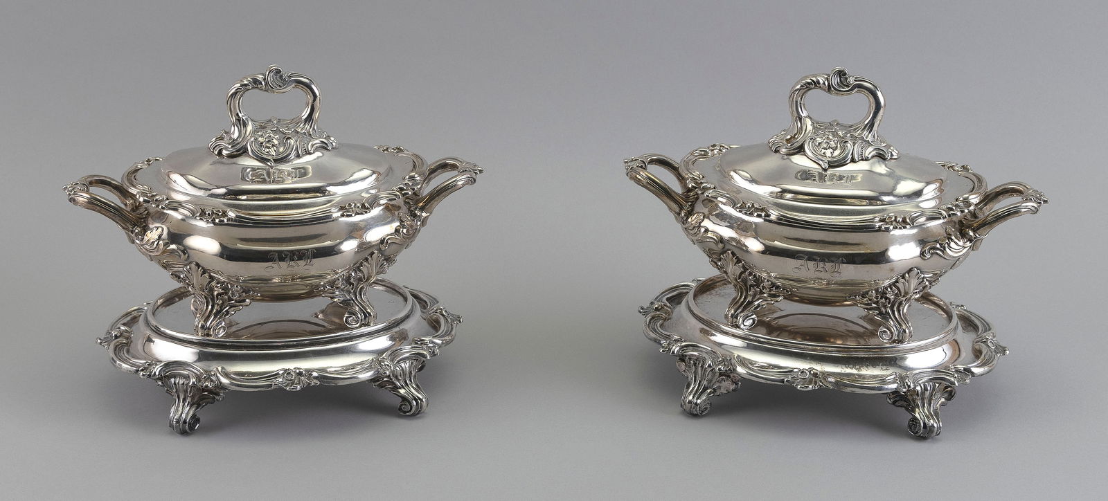 PAIR OF SILVER PLATED COVERED TUREENS WITH FOOTED UNDERPLATES Late 19th/Early 20th Century Assembled (1 of 2)