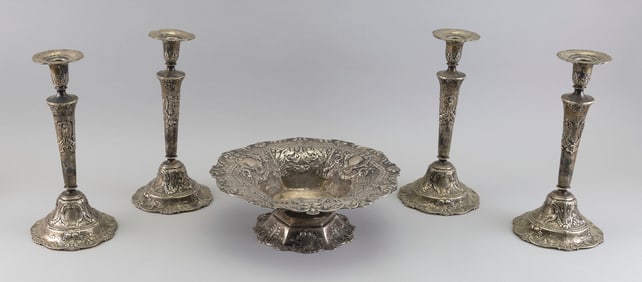 GORHAM STERLING SILVER FIVE-PIECE CONSOLE SET Providence, Rhode Island, Early 20th Century Bowl and