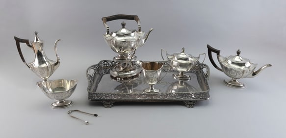 GORHAM "FAIRFAX" STERLING SILVER SIX-PIECE TEA SET AND A SILVER PLATED TRAY Providence, Rhode