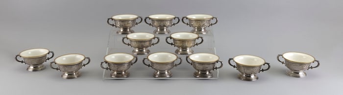 SET OF TWELVE LENOX PORCELAIN BOUILLON CUPS WITH STERLING SILVER HOLDERS Early 20th Century Approx.