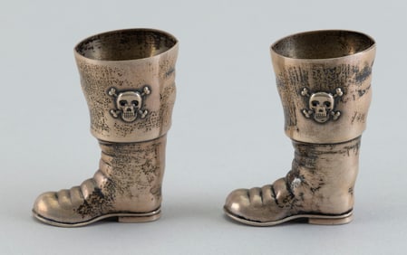 PAIR OF REED & BARTON STERLING SILVER PIRATE'S BOOT SHOT GLASSES Taunton, Massachusetts, Mid-20th