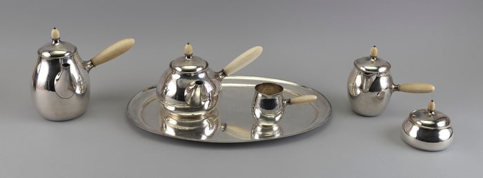 GEORG JENSEN NO. 80C STERLING SILVER SIX-PIECE TEA SET Denmark, Mid-20th Century Approx. 96.0 troy
