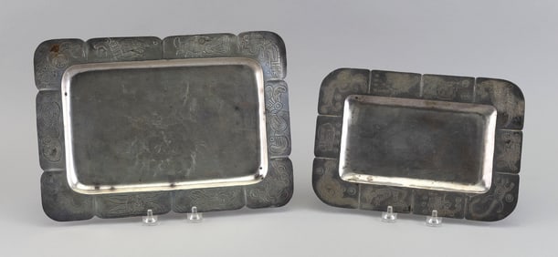 TWO PLATA ARTISTICA STERLING SILVER TRAYS Mexico, Mid-20th Century Approx. 28.1 troy oz.