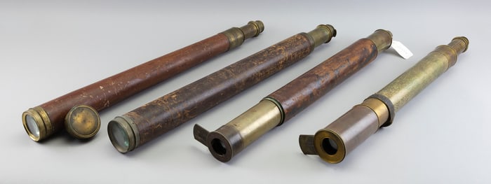 FOUR BRASS TELESCOPES 19th Century Lengths closed from 24.25" to 25.25".