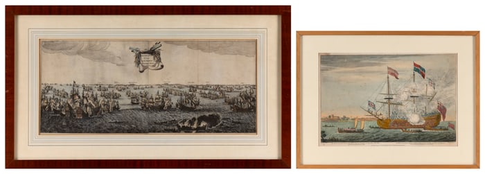 TWO MARITIME ENGRAVINGS 18th/Early 19th Century Framed 15.75" x 20.75" and 19" x 33.75".