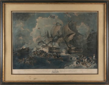 HAND-COLORED ENGRAVING "THE GLORIOUS VICTORY OBTAINED OVER THE FRENCH FLEET" Late 18th Century