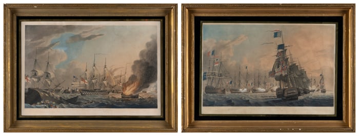 TWO R. DODD HAND-COLORED ENGRAVINGS OF THE BATTLE OF THE NILE Early 19th Century Framed 26.75" x