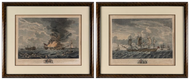PAIR OF HAND-COLORED ENGRAVINGS OF ENGLISH NAVAL BATTLES Late 18th/Early 19th Century 14.5" x 18.5"