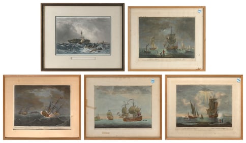 FIVE MARITIME ENGRAVINGS Late 18th/Early 19th Century Framed 17" x 20.5" and 18" x 23".