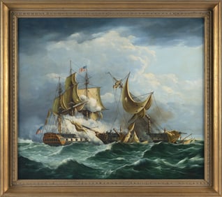 PETER WELLS (England, 20th Century), Battle at sea., Oil on canvas, 24" x 28". Framed 28" x 33".