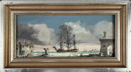PAINTING OF A FRENCH FRIGATE 20th Century Oil on panel, 8" x 18". Framed 13" x 23".