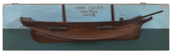 MOUNTED HALF HULL MODEL OF A BRIG Early 20th Century Backboard 9" x 30".