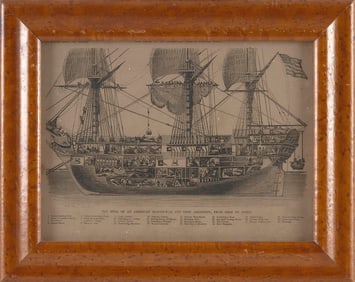 AMERICAN MAN-OF-WAR SHIP CUT-AWAY ILLUSTRATION, Mid-19th Century Framed 10.25" x 13".