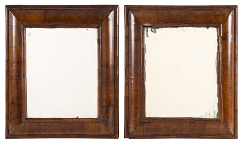 PAIR OF ENGLISH WALNUT VENEER MIRRORS, POSSIBLY CHARLES II 17th Century 16" x 13.75".