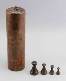 COPPER BED WARMER AND FOUR BRASS COUNTERWEIGHTS First Half of the 19th Century Height 14.25".