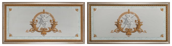 PAIR OF CLASSICAL BLOCK-PRINTED WALLPAPER PANELS 19th/20th Century Framed 21.5" x 41".