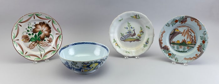 FOUR ENGLISH AND FRENCH POLYCHROME DELFT TABLEWARES 18th/19th Century Bowl height 3.75". Diameter