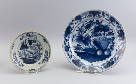 DUTCH BLUE AND WHITE DELFT PLATE AND SHALLOW BOWL 19th Century Diameters 8.5" and 14".