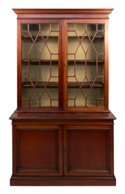 TWO-PART MAHOGANY CHINA CABINET 20th Century Height 85". Width 50". Depth 21".