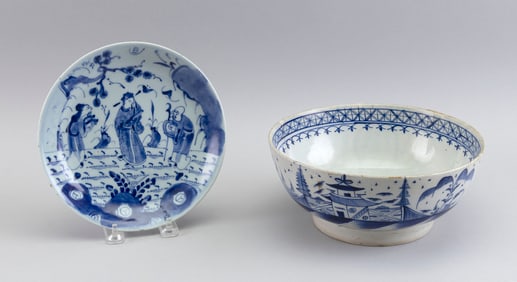 TWO PIECES OF BLUE AND WHITE PORCELAIN 19th Century