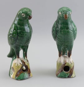 PAIR OF CHINESE GREEN GLAZE PORCELAIN PARROTS Late 19th/Early 20th Century Heights 10".