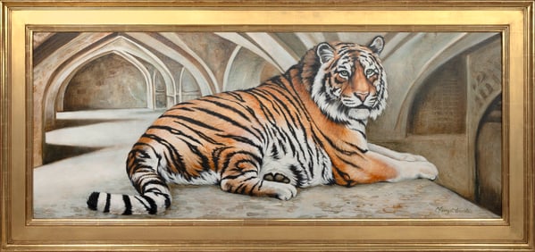 LARRY S. WASIELE (Connecticut, Contemporary), Portrait of a tiger., Oil on canvas, 24" x 60". Framed