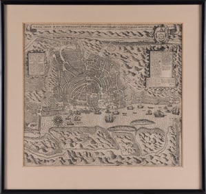ENGRAVED MAP OF INDIA Circa 1599 15" x 16.75" sight. Framed 20.5" x 21.5".