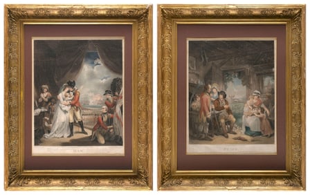 AFTER HENRY SINGLETON (England, 1766-1839,), "War" and "Peace"., Hand-colored mezzotints, 25" x 19".