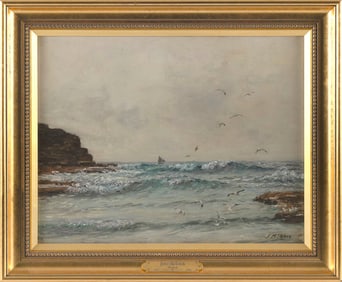 JOHN N. MCGHIE (Scotland, 1867-1952), Rocky seascape with seagulls and a distant sailboat., Oil on