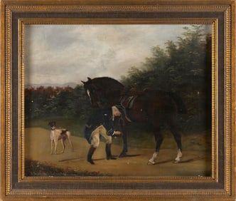 ENGLISH SCHOOL , "The Loosened Shoe". Depicts a gentleman tending to his horse's hoof., Oil on