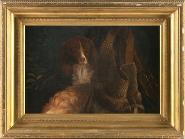 ATTRIBUTED TO ALVAN FISHER (Massachusetts, 1792-1863), Spaniel surrounded by sporting equipment.,